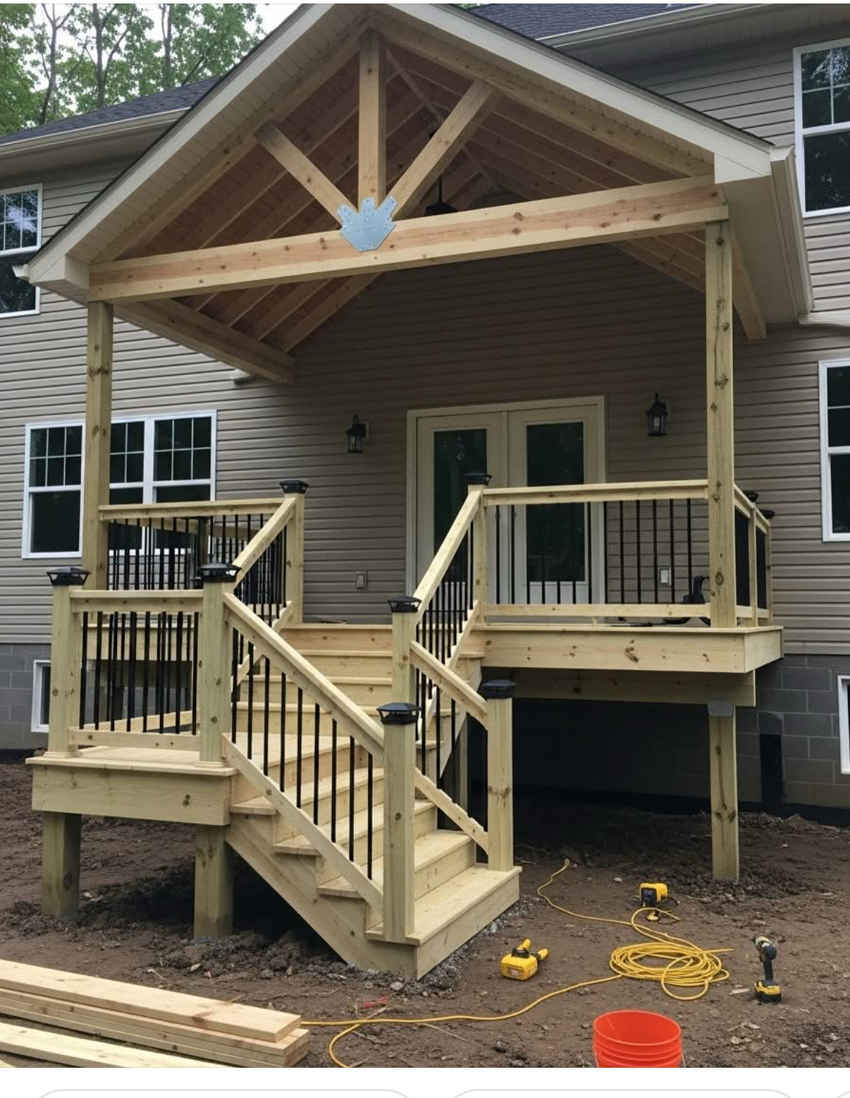Gable Roof Detail - Exposed Rafter Framing and Metal Balusters