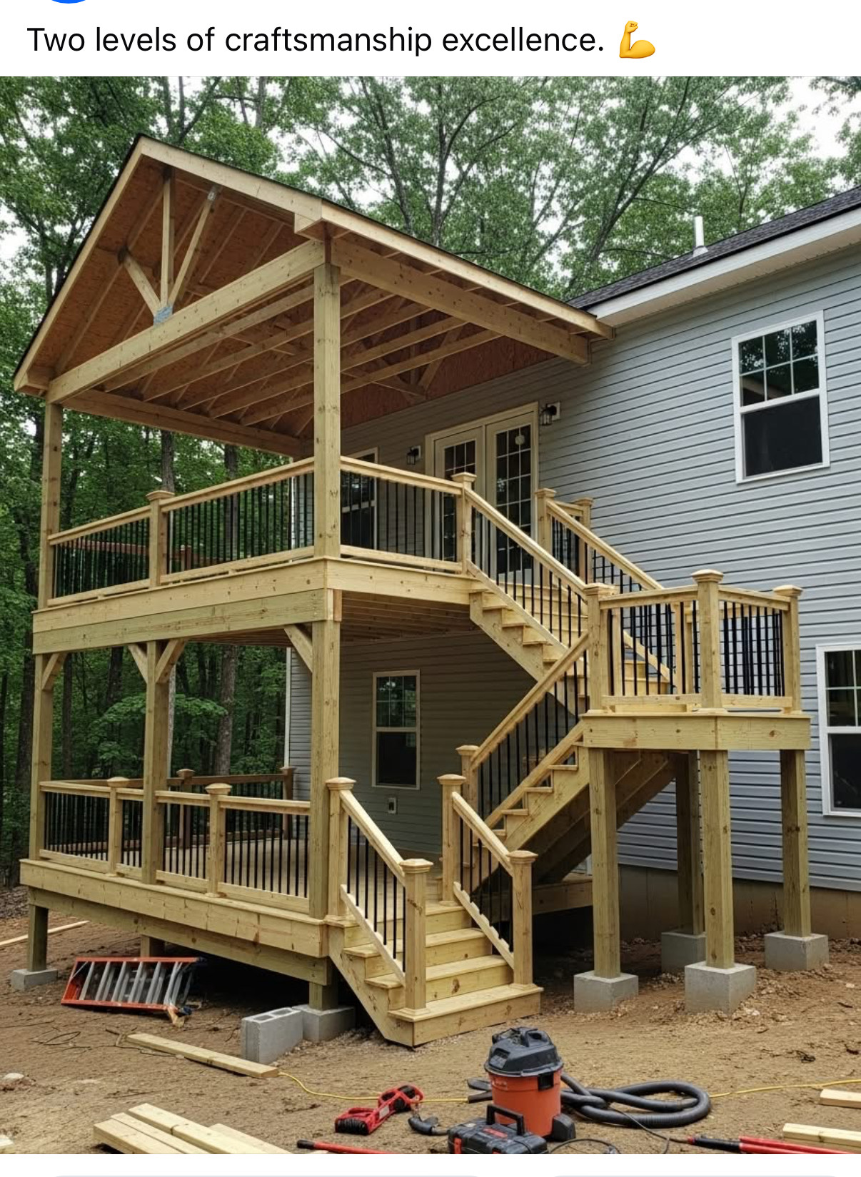 Two-Story Elevated Deck - Gable Roof with Multi-Level Platforms