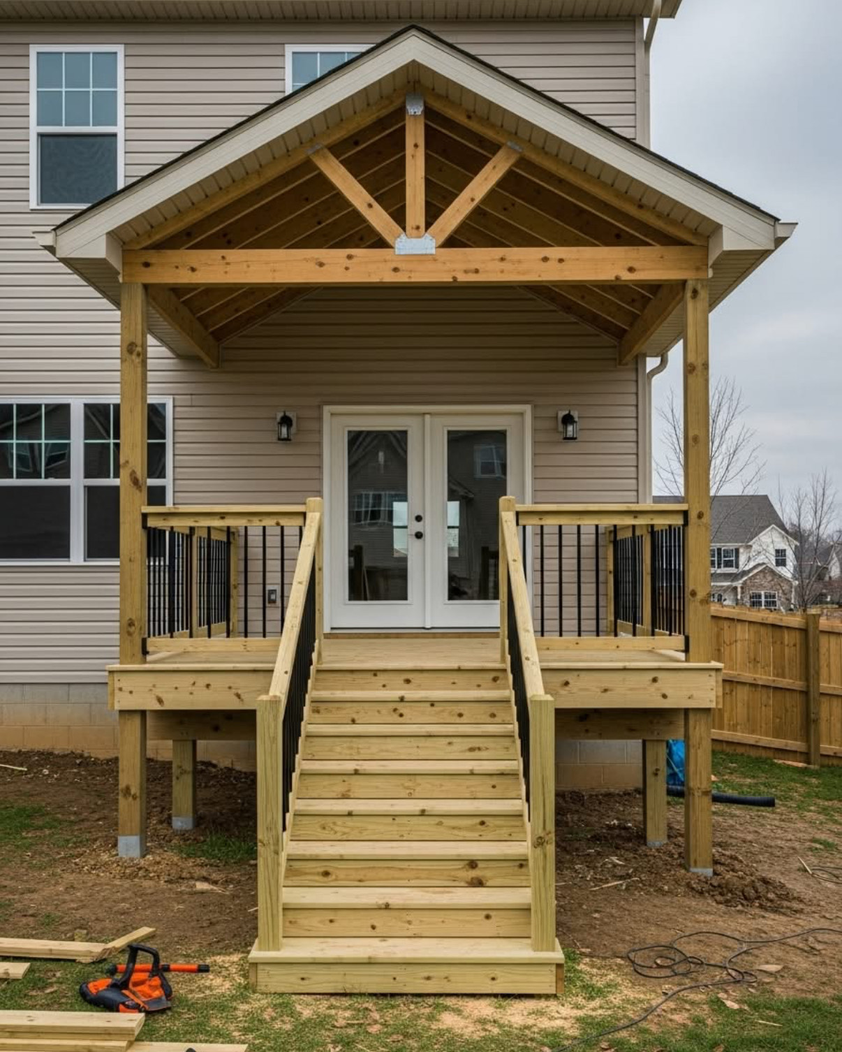 Finished Gable Covered Deck - Exposed Timber Frame and Entry Stairs